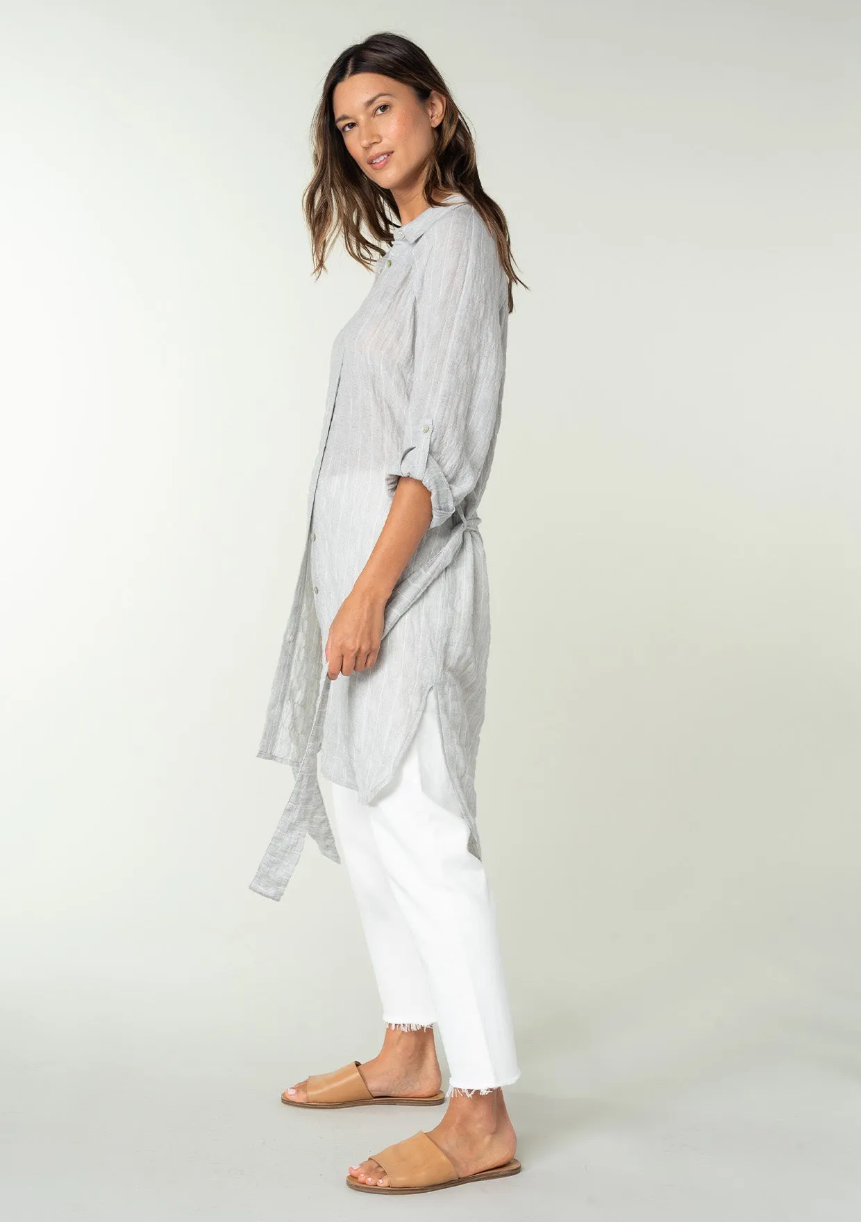Striped Belted Button Down Collared Tunic
