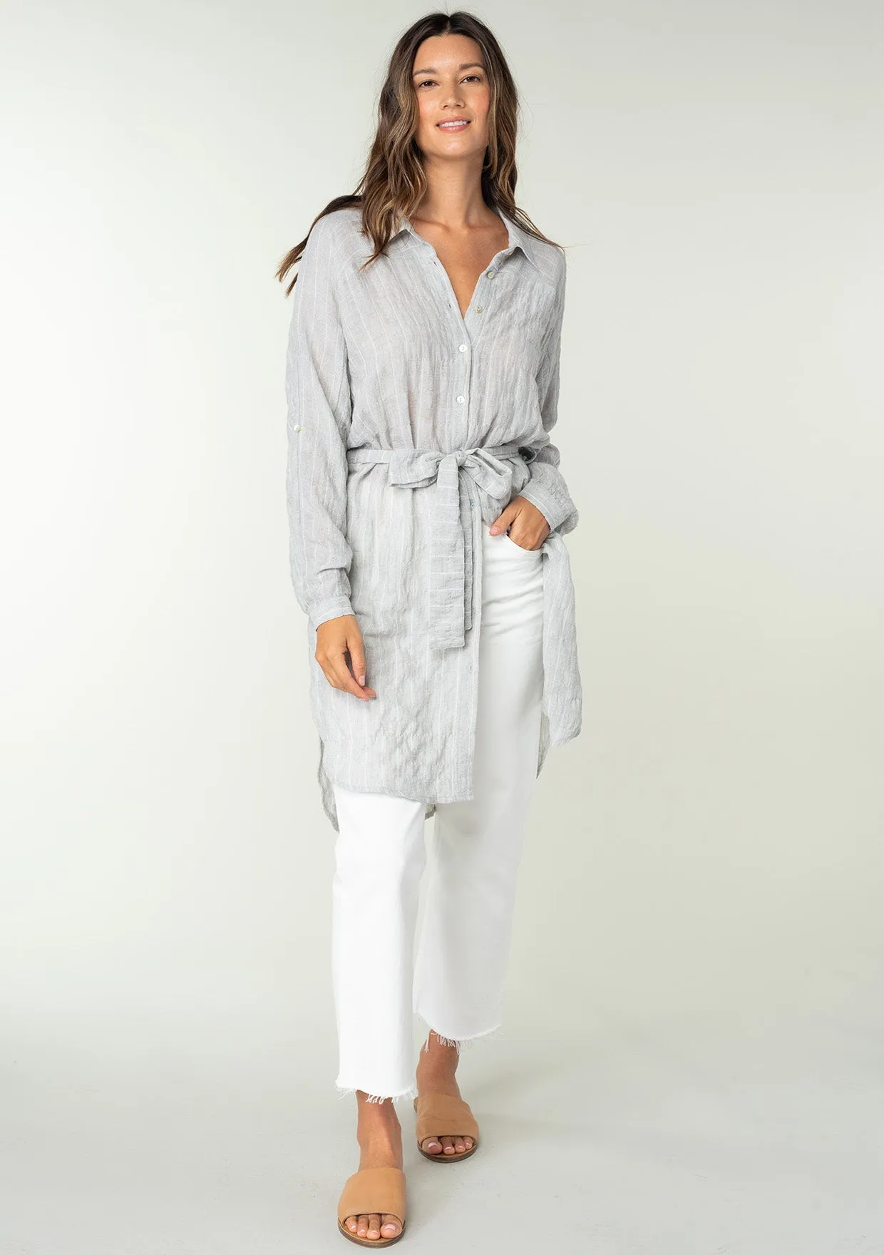 Striped Belted Button Down Collared Tunic