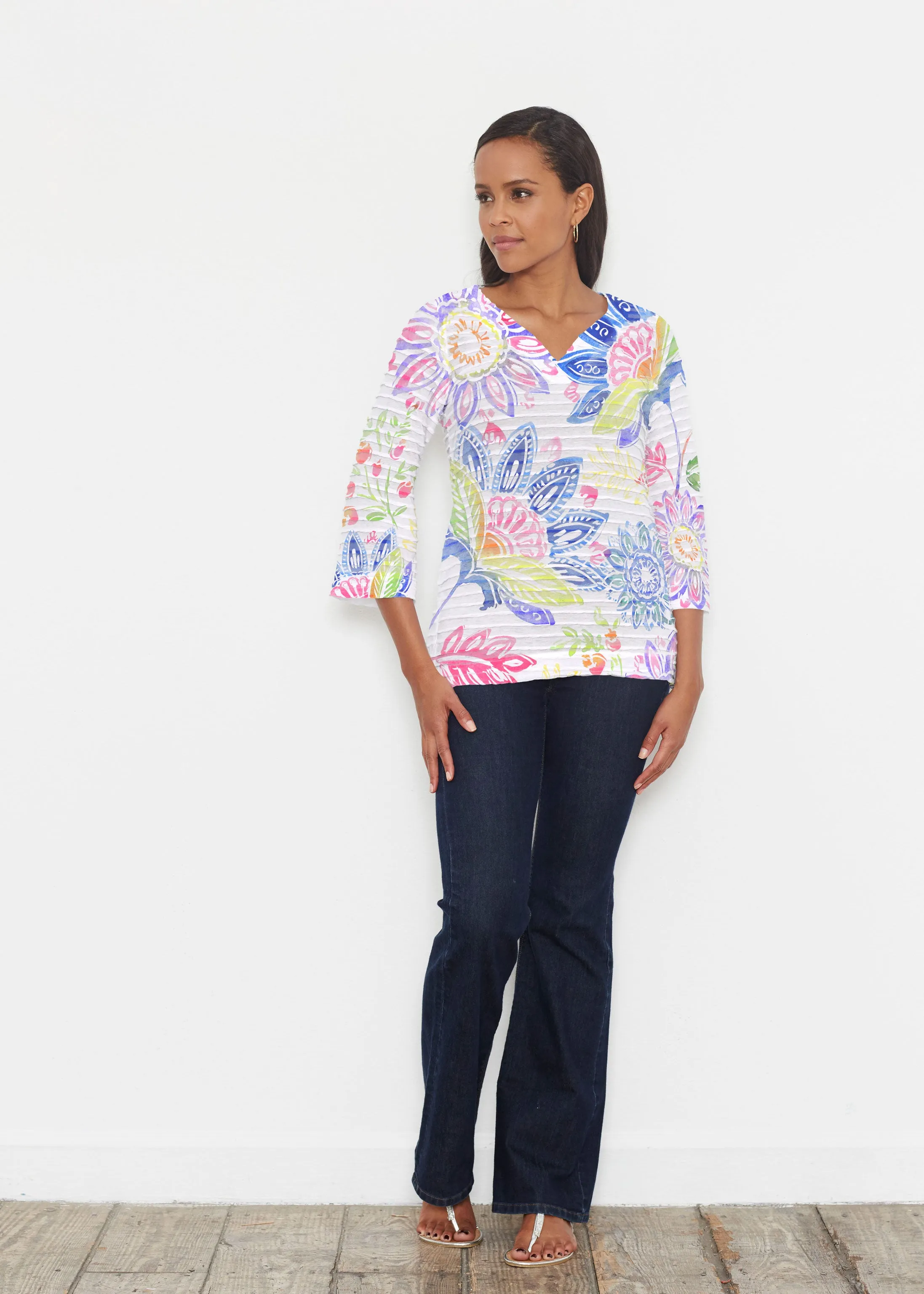 Summertime (13421) ~ Banded 3/4 Bell-Sleeve V-Neck Tunic
