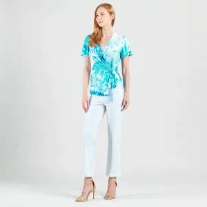 Surplice Faux Wrap Side Tie Top - Ocean Petal