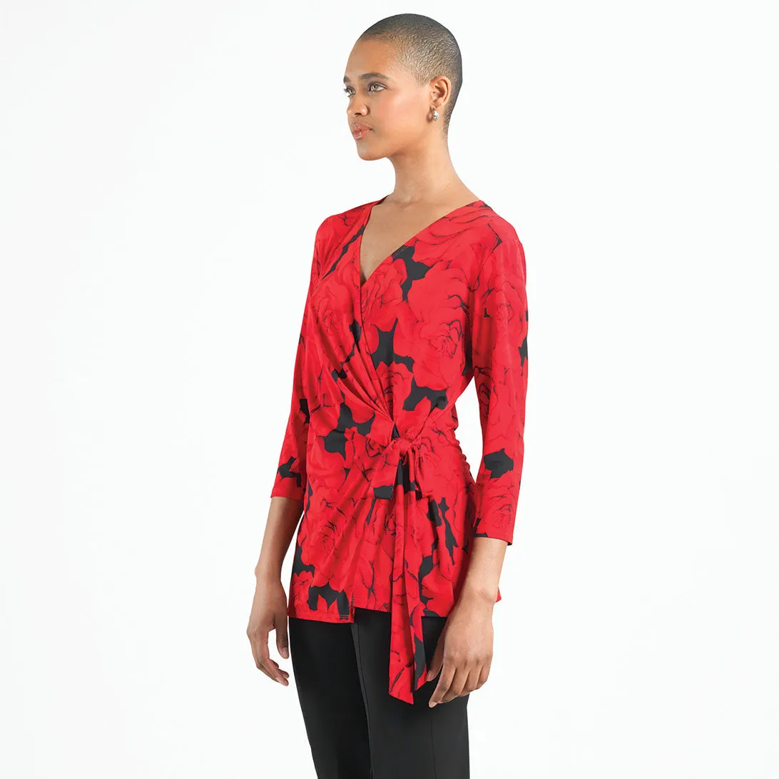 Surplice Faux Wrap Side Tie Tunic - Rose Floret - Limited Sizes!