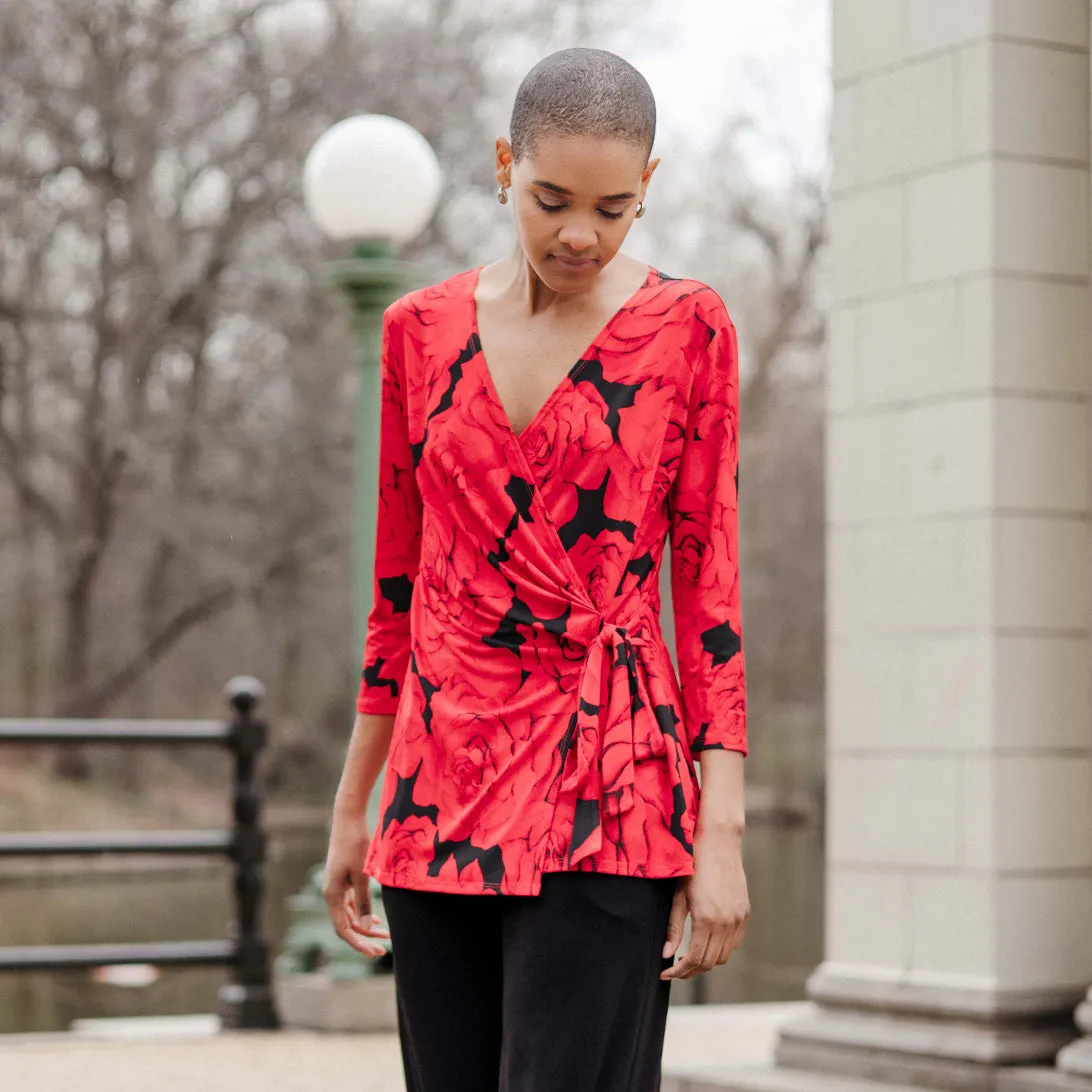 Surplice Faux Wrap Side Tie Tunic - Rose Floret - Limited Sizes!