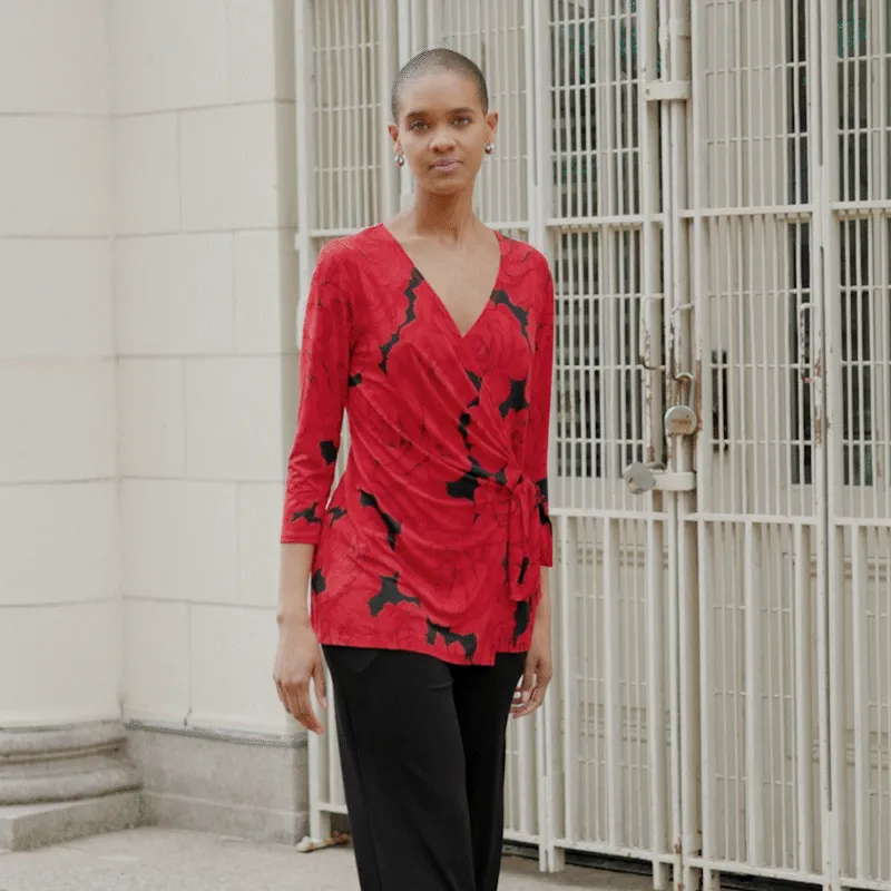 Surplice Faux Wrap Side Tie Tunic - Rose Floret - Limited Sizes!
