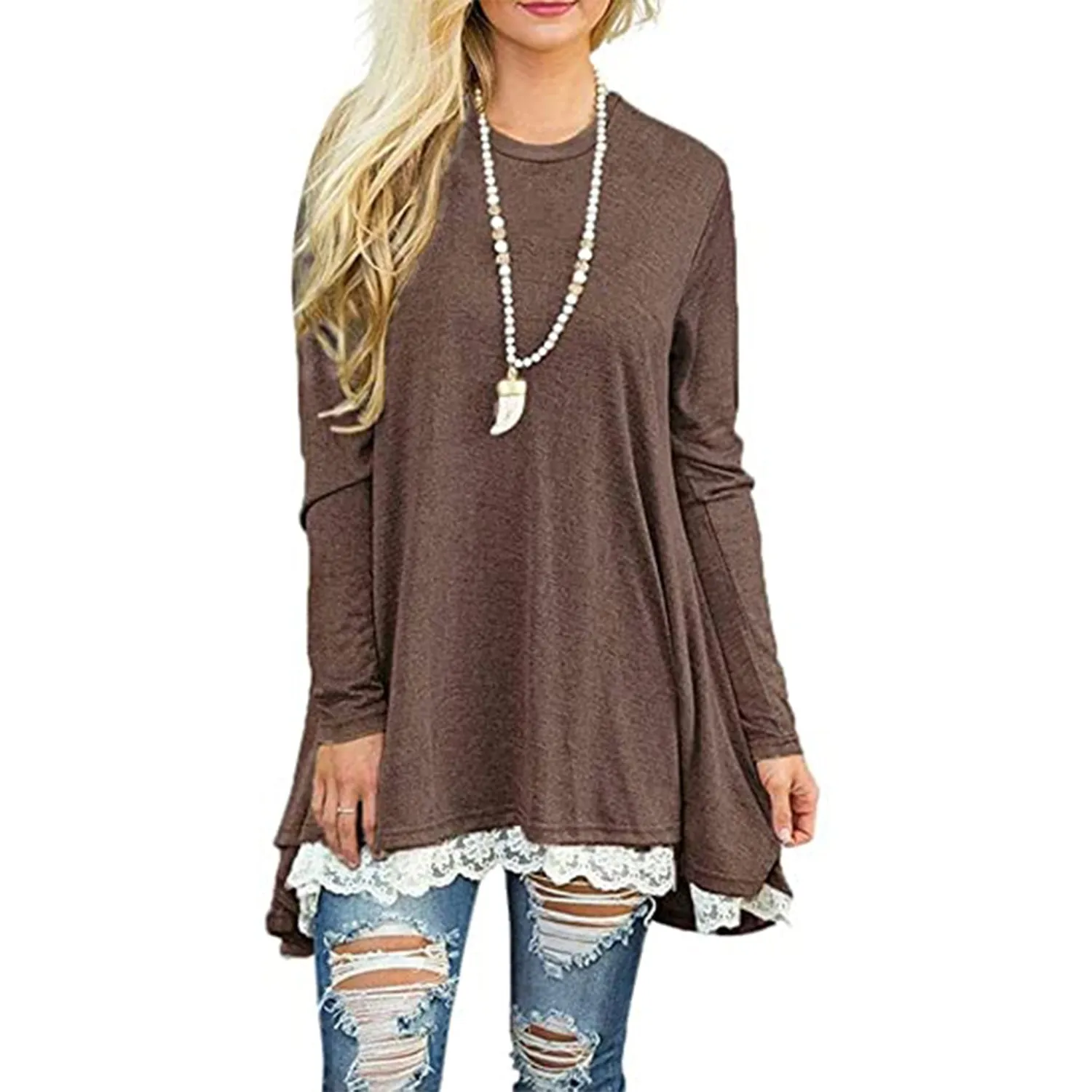 SWZ Women's Crew Neck Long Sleeve Lace Splicing Swing Shirt Dresses Long Tunic Blouses Shirts for Leggings