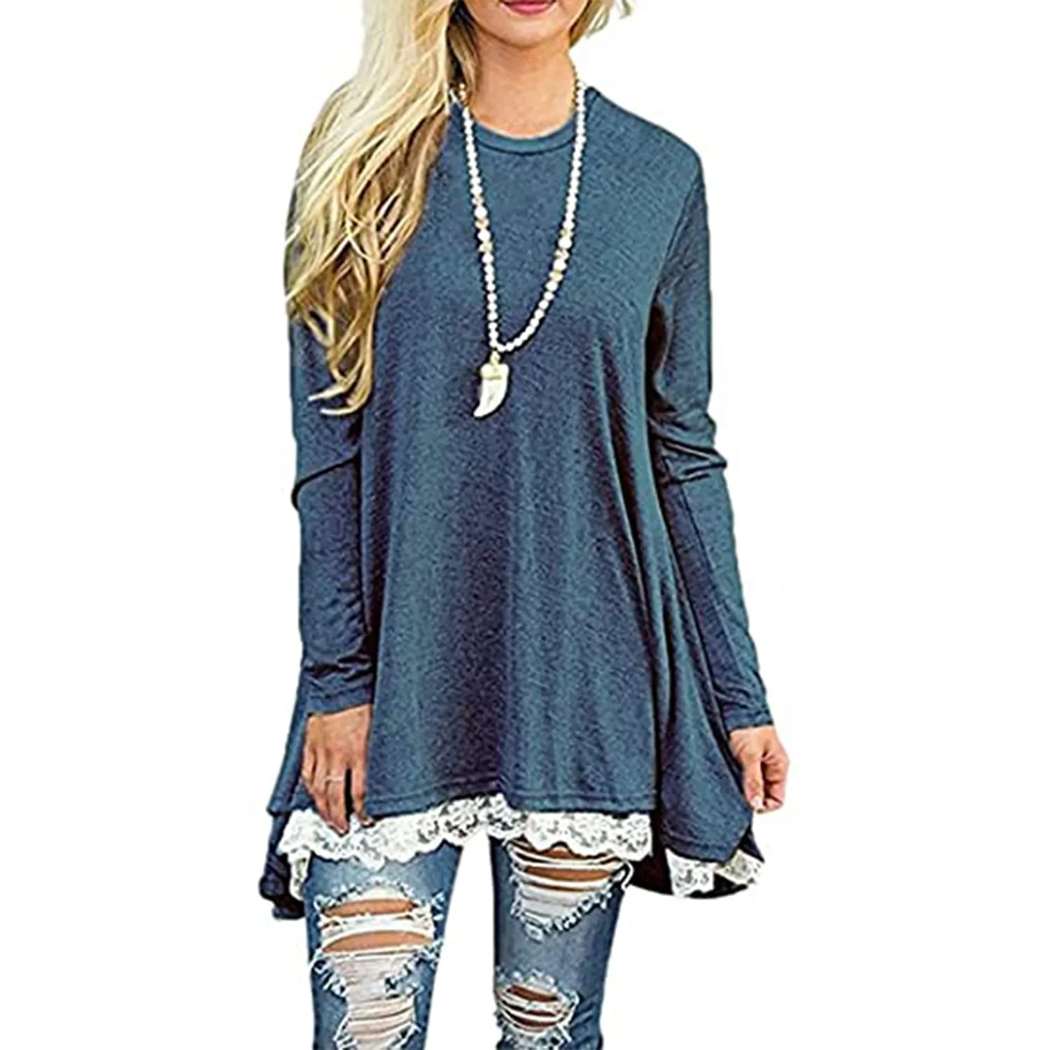 SWZ Women's Crew Neck Long Sleeve Lace Splicing Swing Shirt Dresses Long Tunic Blouses Shirts for Leggings