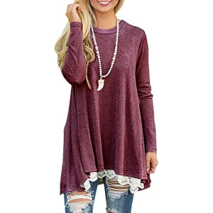 SWZ Women's Crew Neck Long Sleeve Lace Splicing Swing Shirt Dresses Long Tunic Blouses Shirts for Leggings