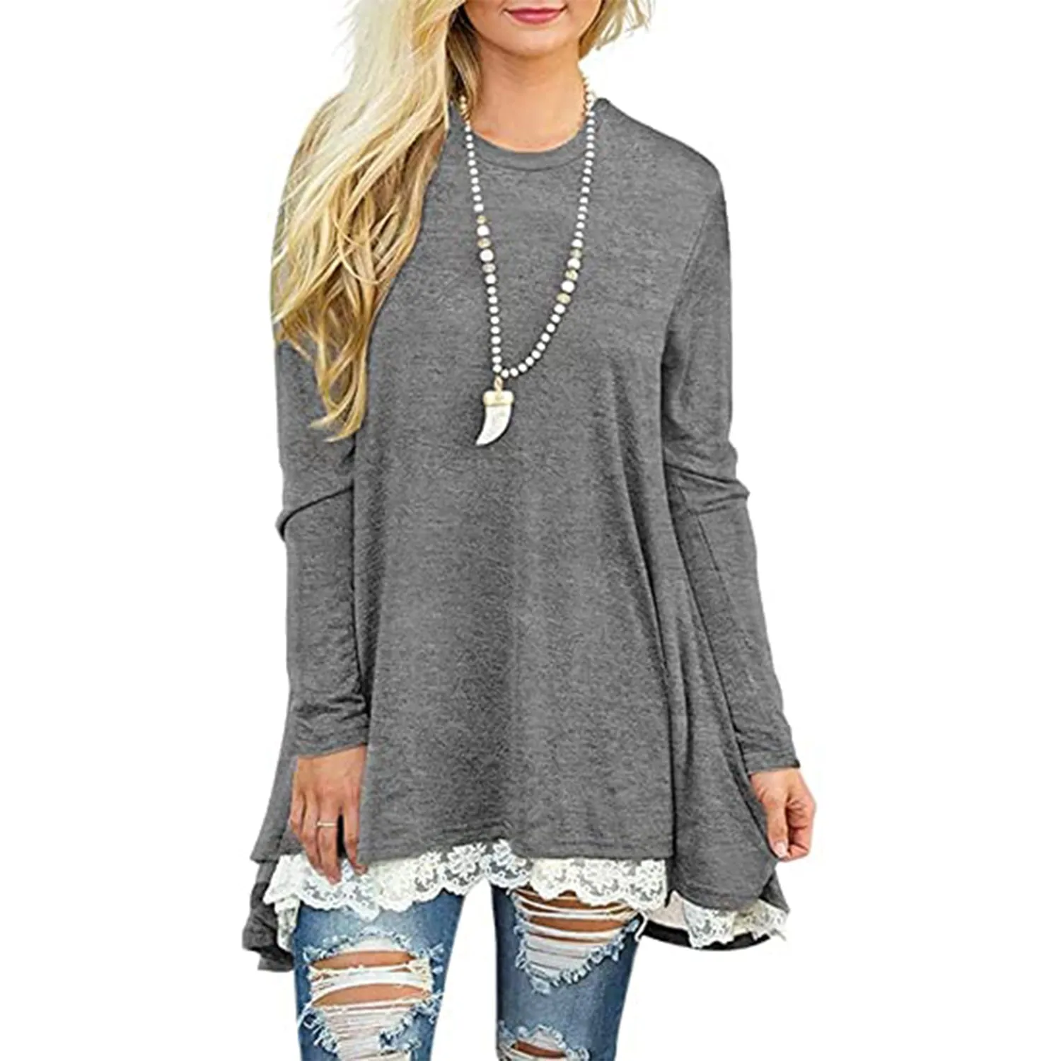 SWZ Women's Crew Neck Long Sleeve Lace Splicing Swing Shirt Dresses Long Tunic Blouses Shirts for Leggings