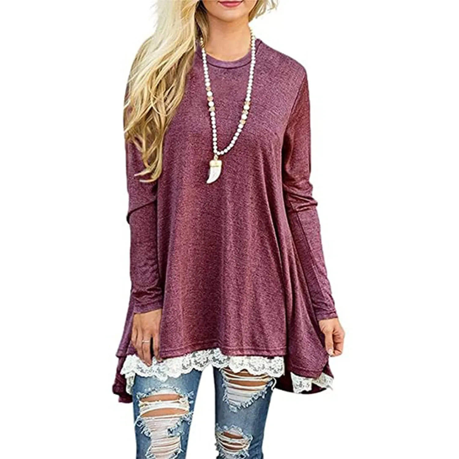 SWZ Women's Crew Neck Long Sleeve Lace Splicing Swing Shirt Dresses Long Tunic Blouses Shirts for Leggings