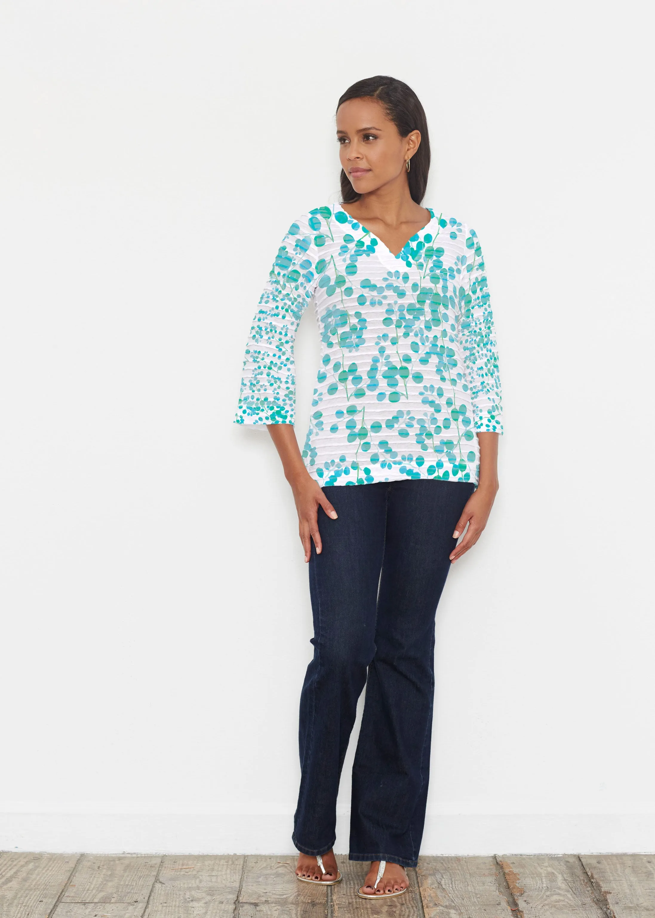 Teal Pome (7863) ~ Banded 3/4 Bell-Sleeve V-Neck Tunic