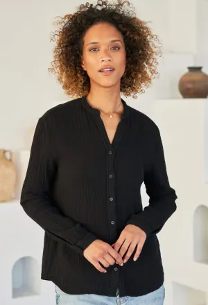 The Perfect Button Front Cotton Top in Black - Sale