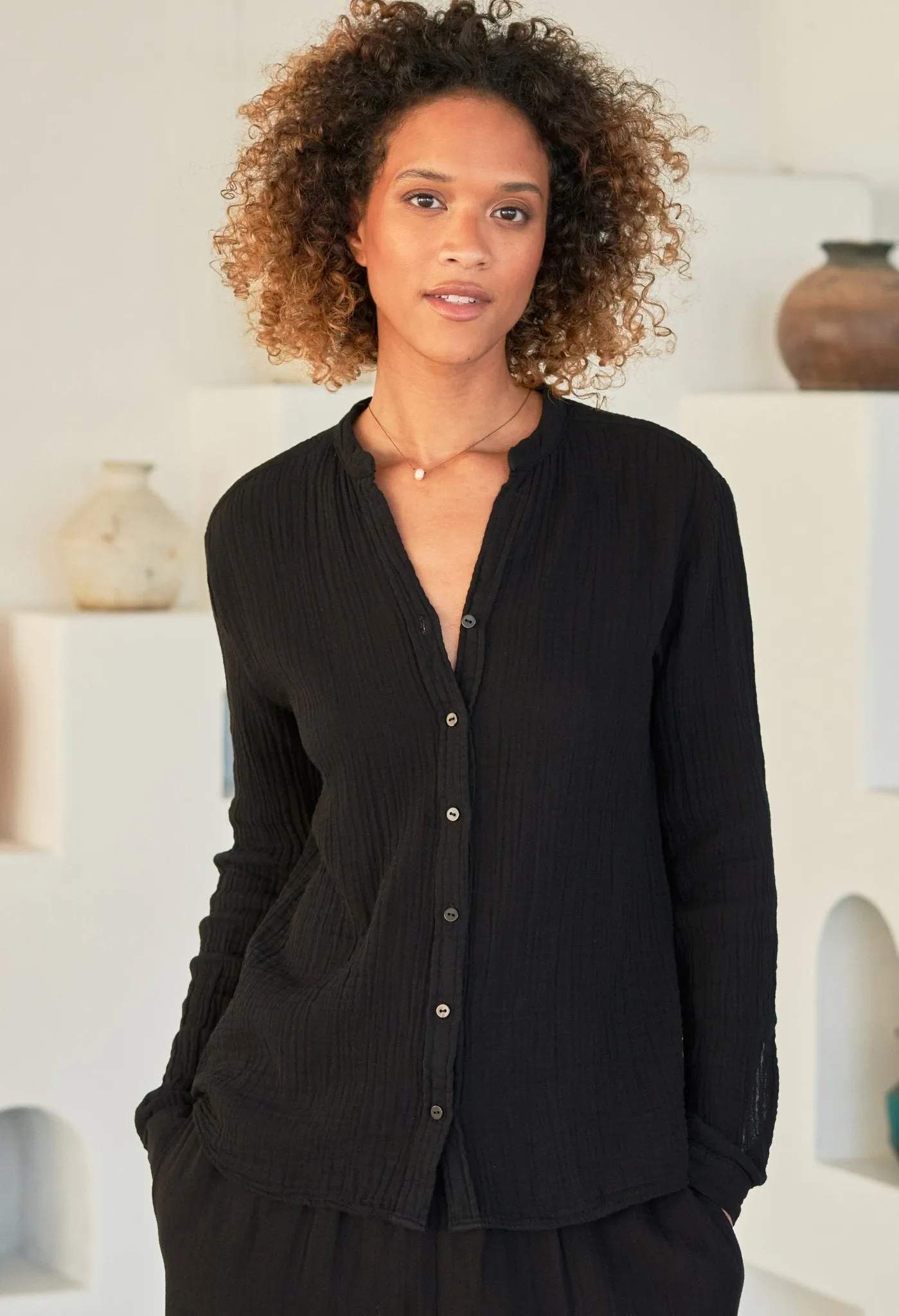 The Perfect Button Front Cotton Top in Black - Sale