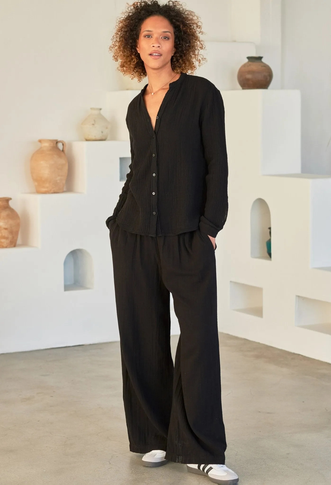 The Perfect Button Front Cotton Top in Black - Sale