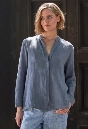 The Perfect Button Front Cotton Top in Petrol - Sale