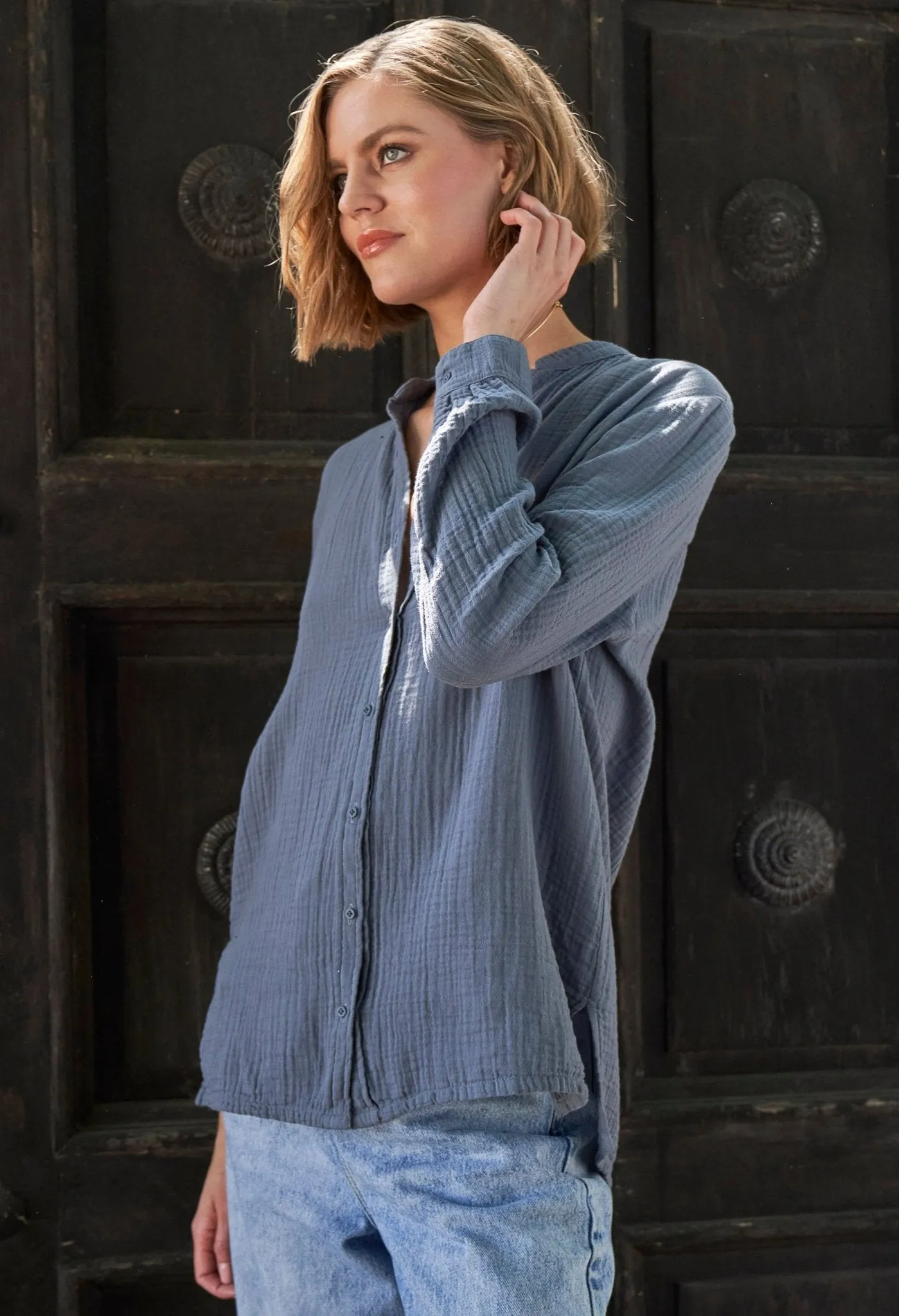 The Perfect Button Front Cotton Top in Petrol - Sale