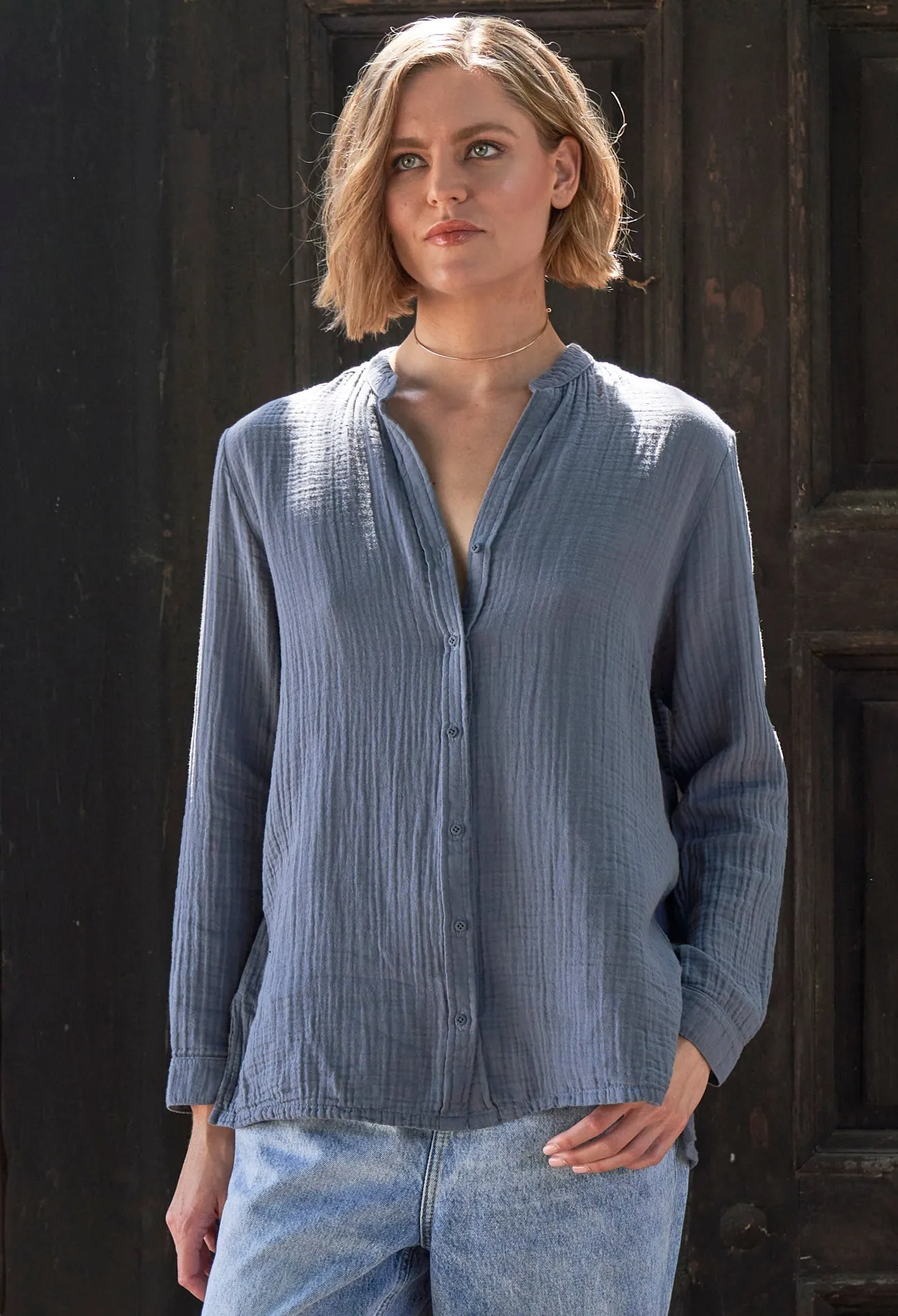The Perfect Button Front Cotton Top in Petrol - Sale