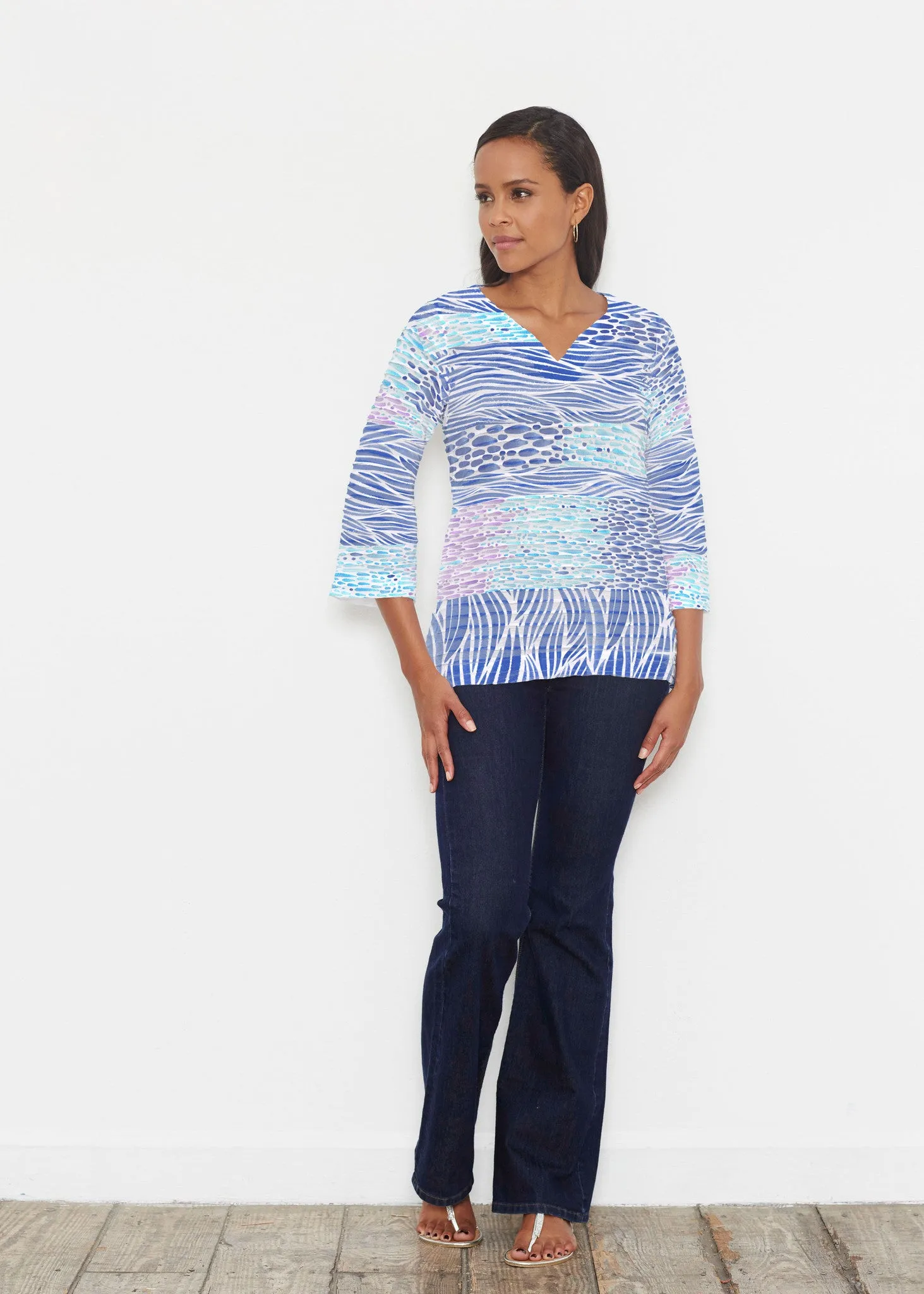Tidal Stripe (11080) ~ Banded 3/4 Bell-Sleeve V-Neck Tunic