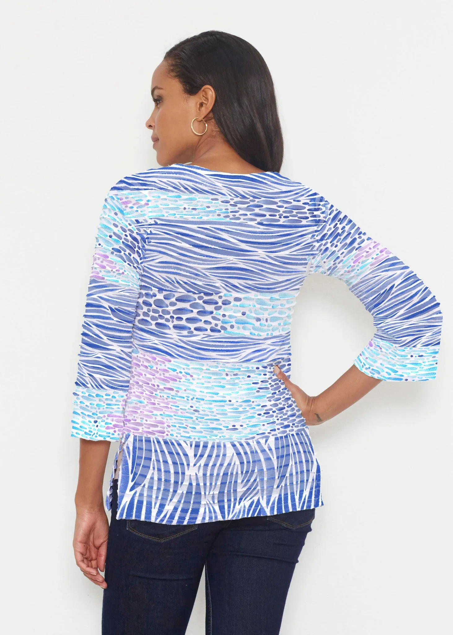 Tidal Stripe (11080) ~ Banded 3/4 Bell-Sleeve V-Neck Tunic