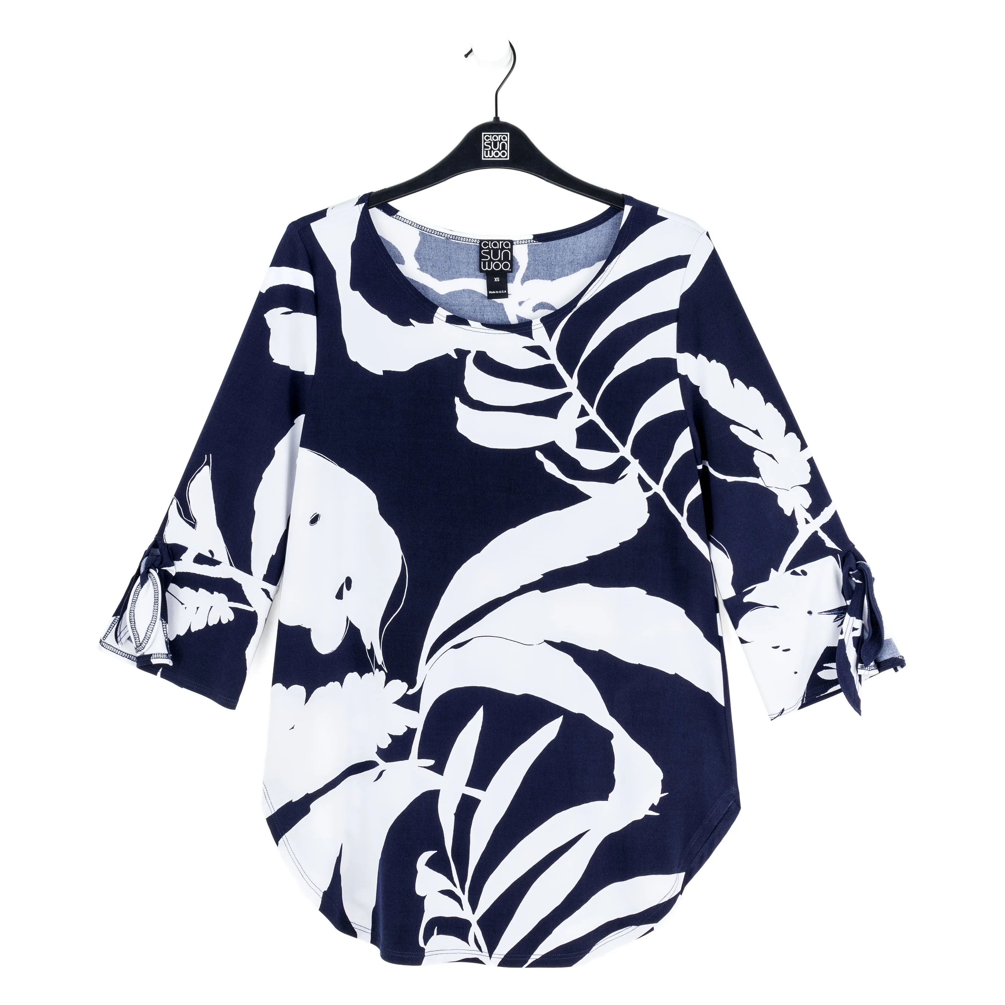 Tie Cuff Curved Hem Tunic - Abstract Branch