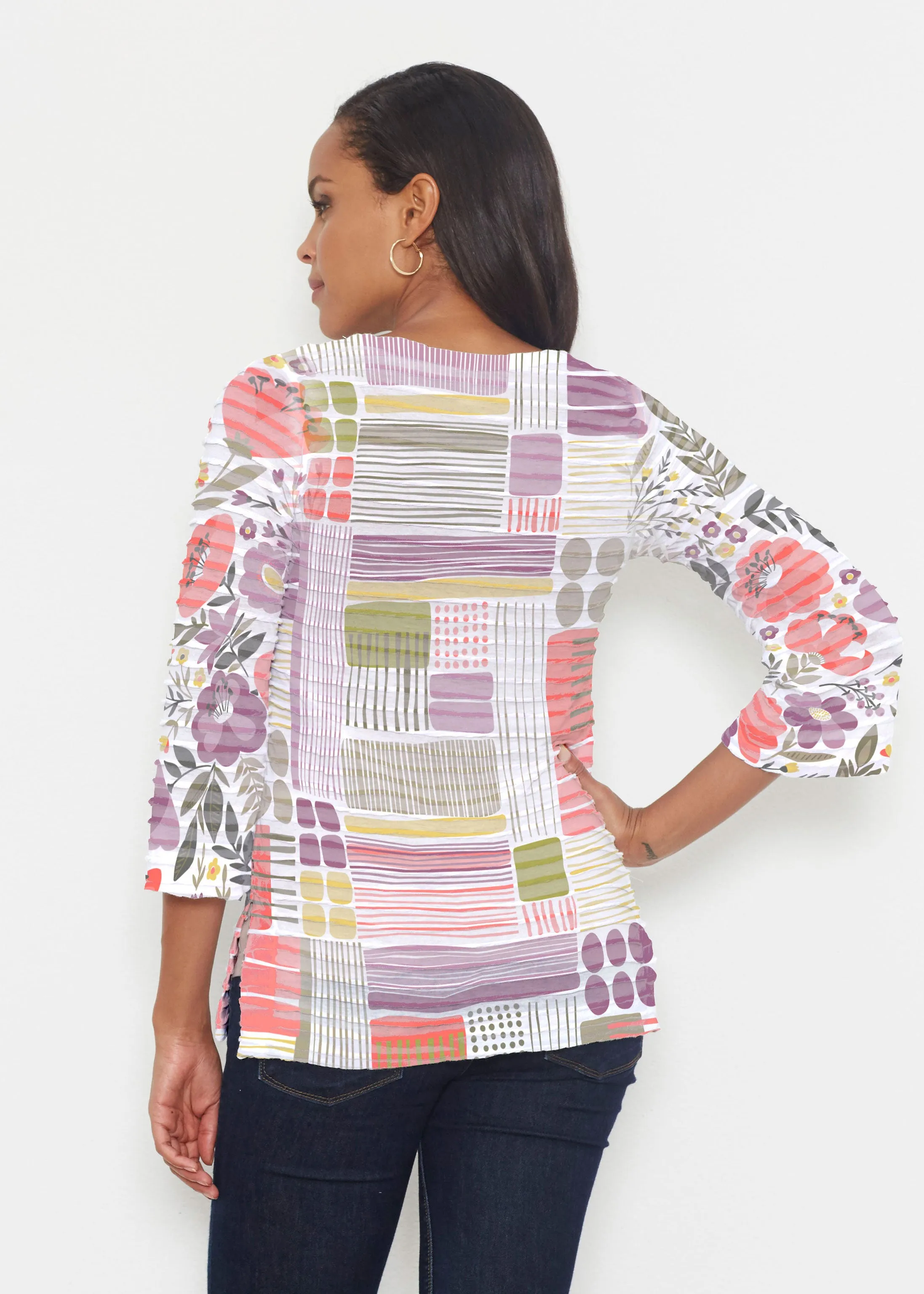 Transcendent Floral (13483) ~ Banded 3/4 Bell-Sleeve V-Neck Tunic