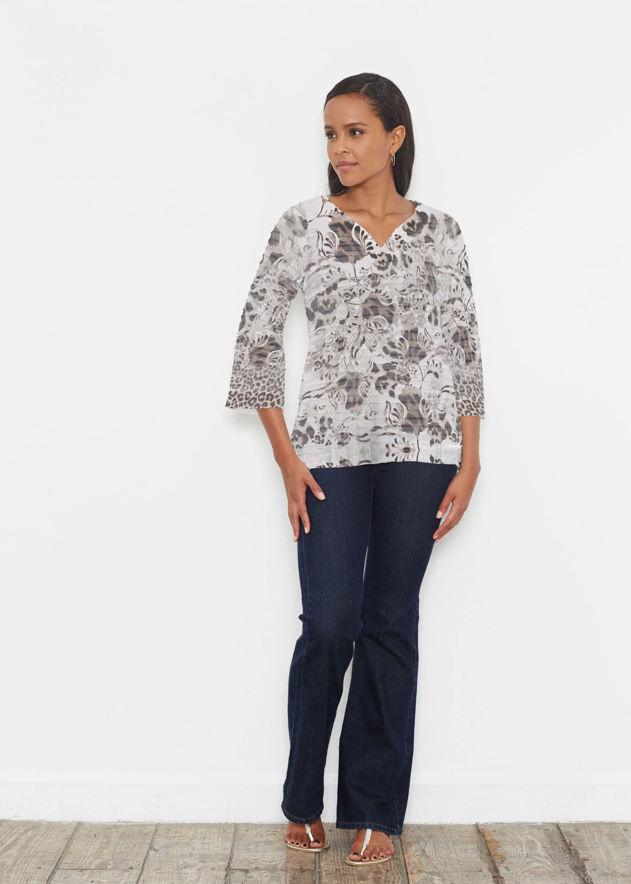 Tulip Leopard Multi (7731) ~ Banded 3/4 Bell-Sleeve V-Neck Tunic
