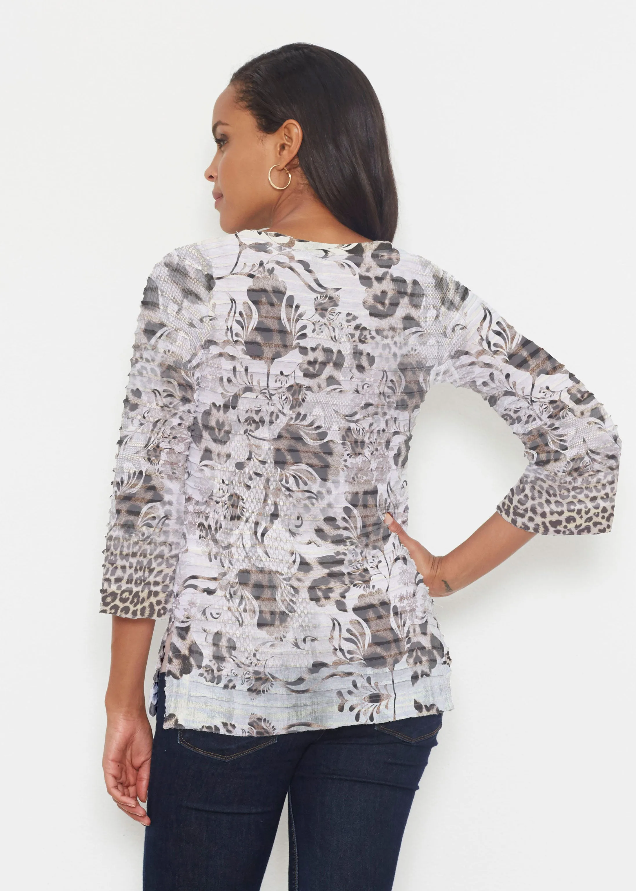 Tulip Leopard Multi (7731) ~ Banded 3/4 Bell-Sleeve V-Neck Tunic