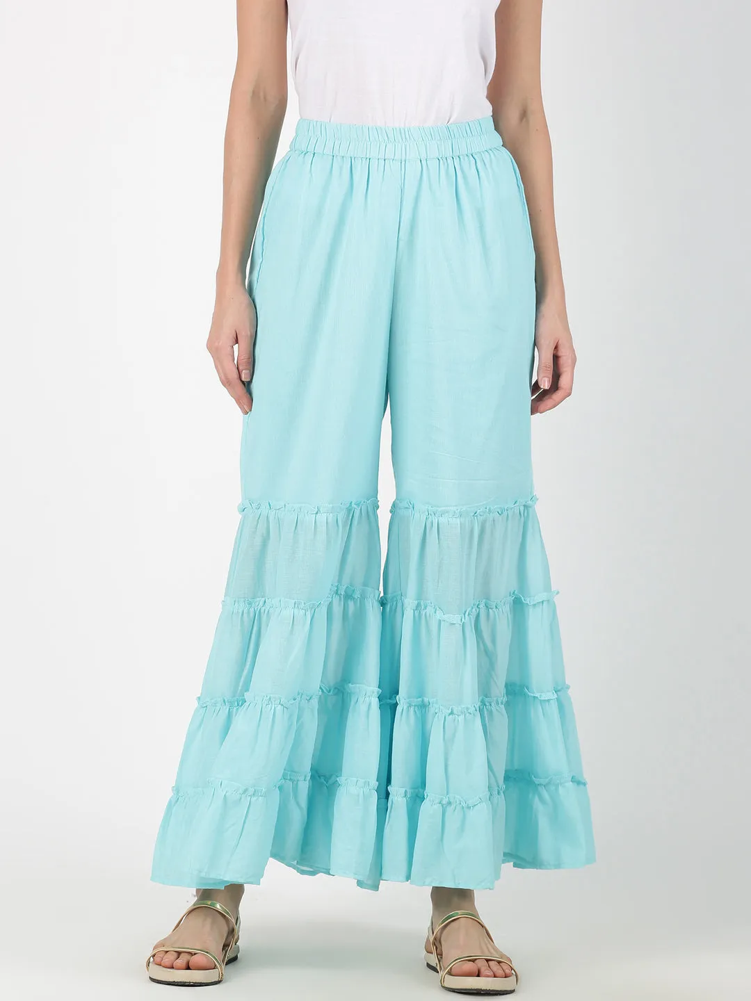 Turquoise Blue Solid Flared Palazzo