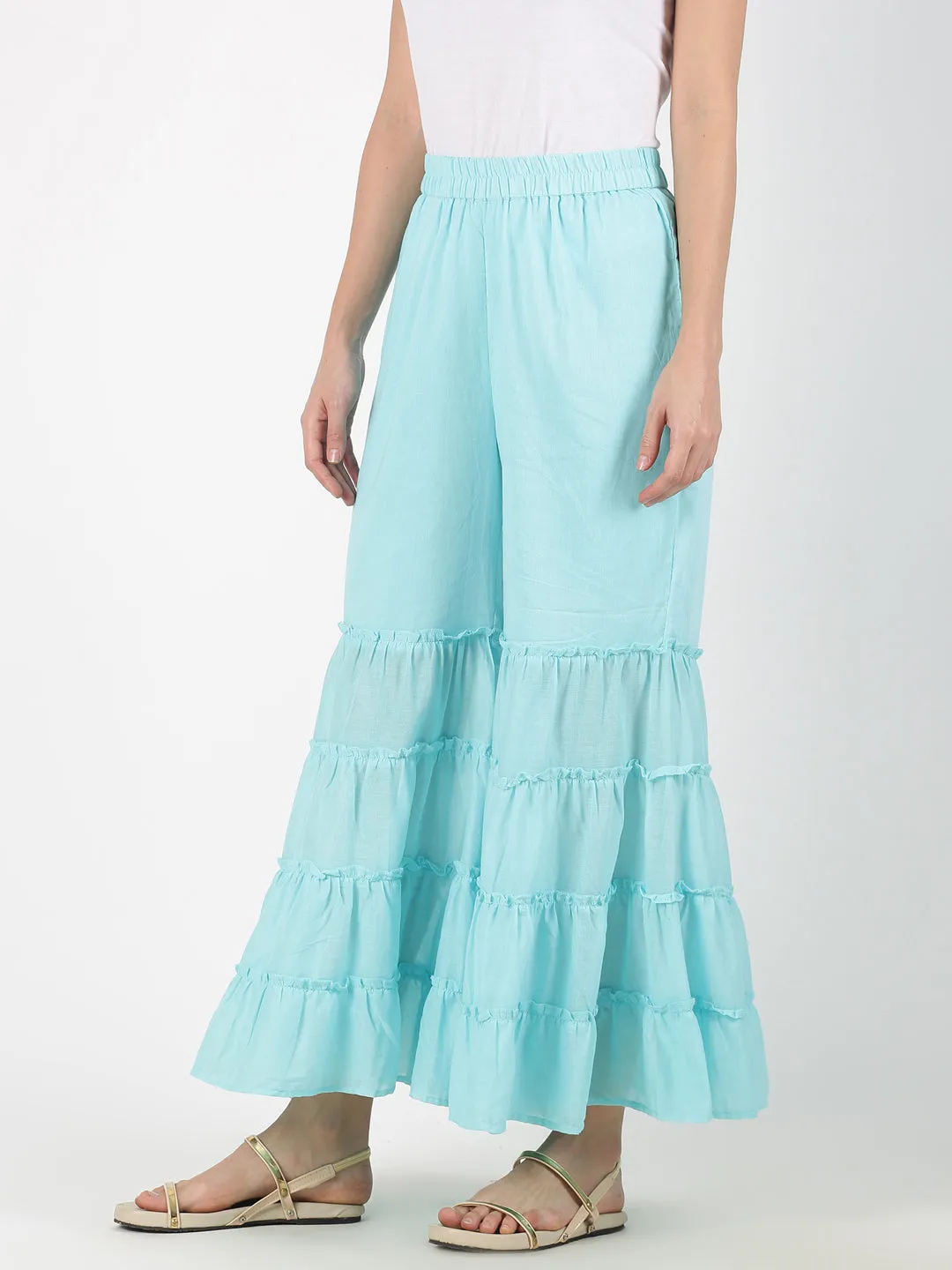 Turquoise Blue Solid Flared Palazzo
