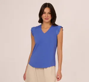V-Neck Top With Pleated Flutter Sleeves In Amparo Blue