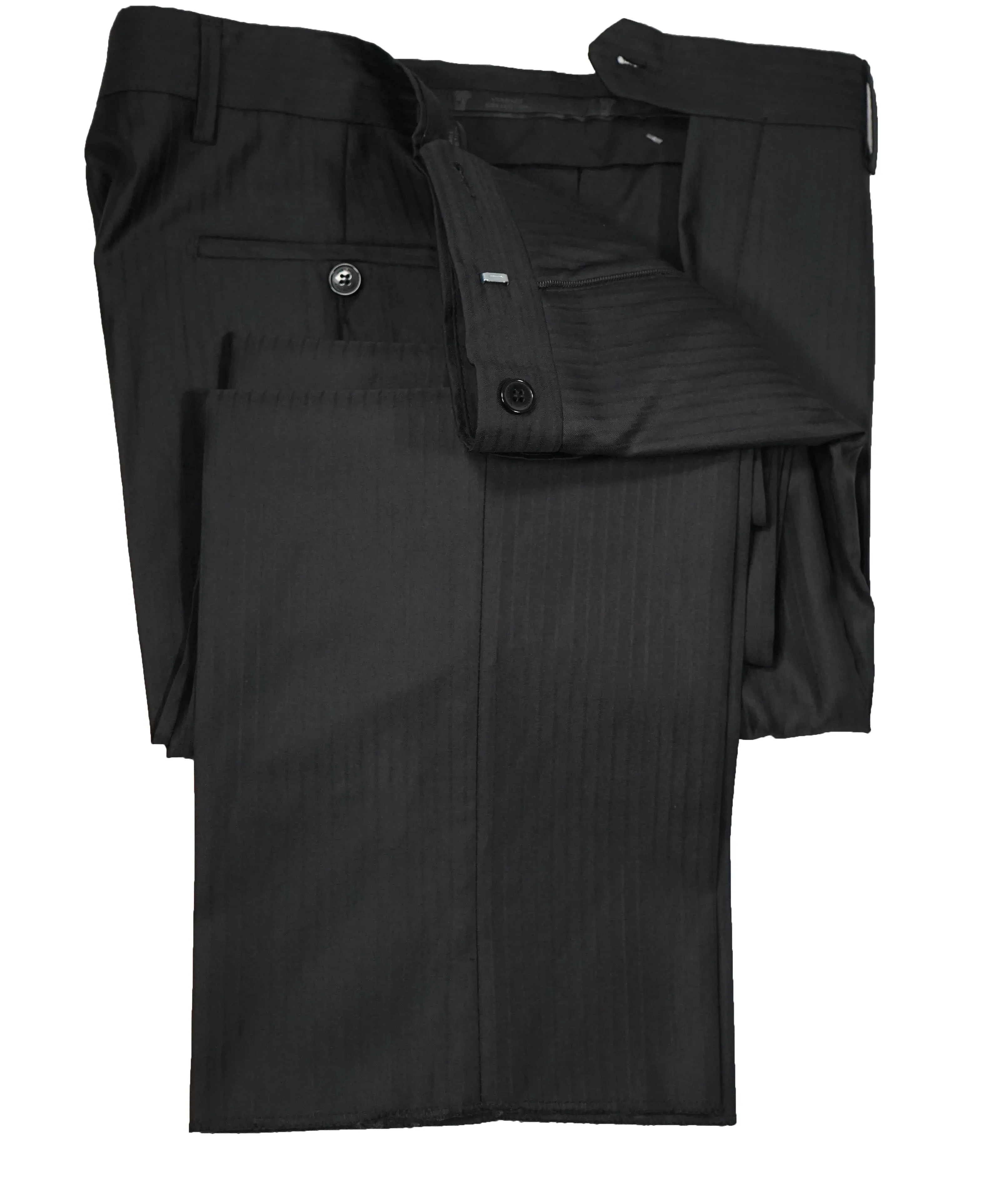 VERSACE COLLECTION - Tonal Black Sharkskin Stripe Logo Button Dress Pants - 33W