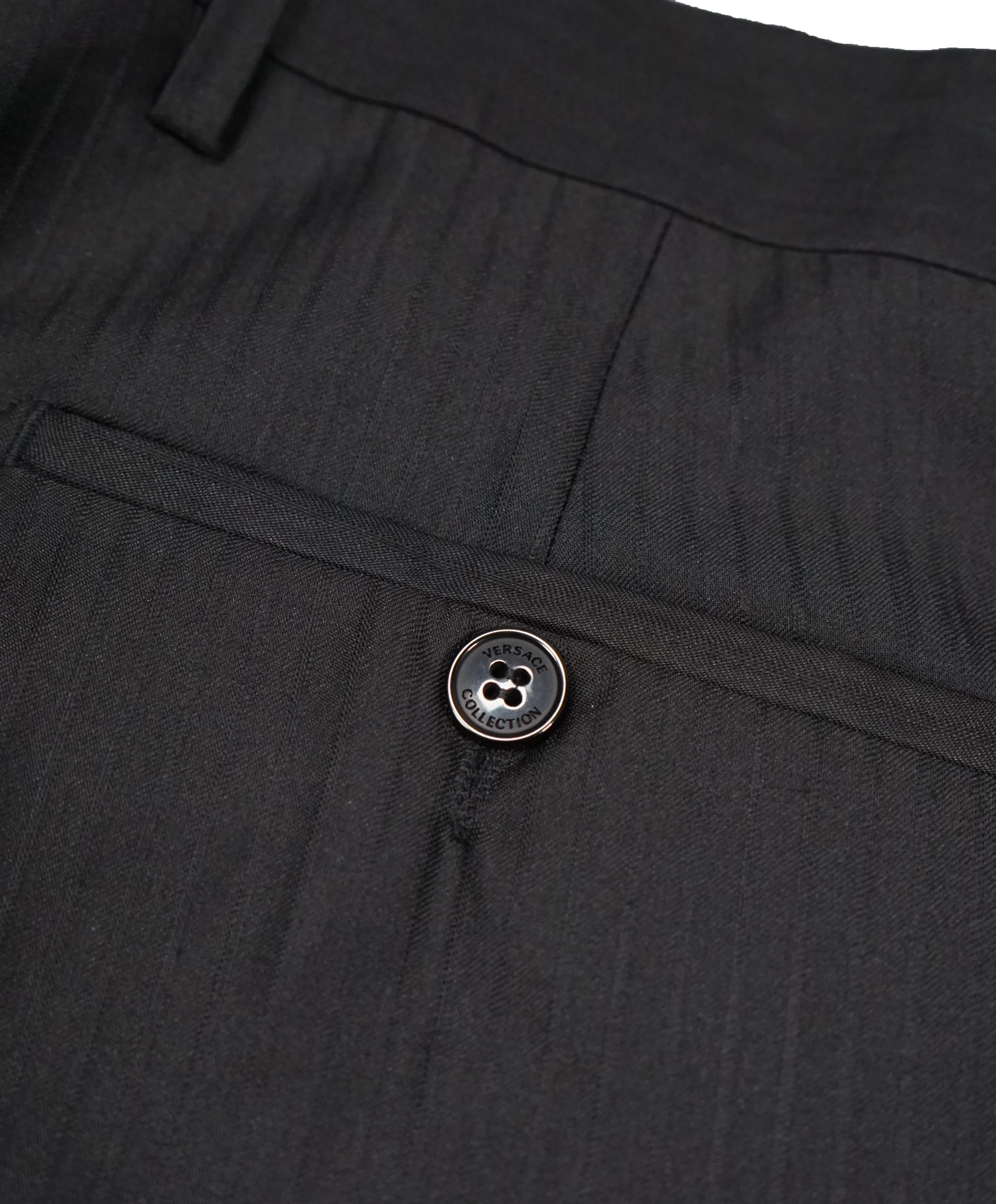 VERSACE COLLECTION - Tonal Black Sharkskin Stripe Logo Button Dress Pants - 33W
