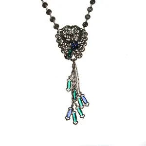 Victorian Gothic Statement Necklace with  Blue and Green Crystal Tassels