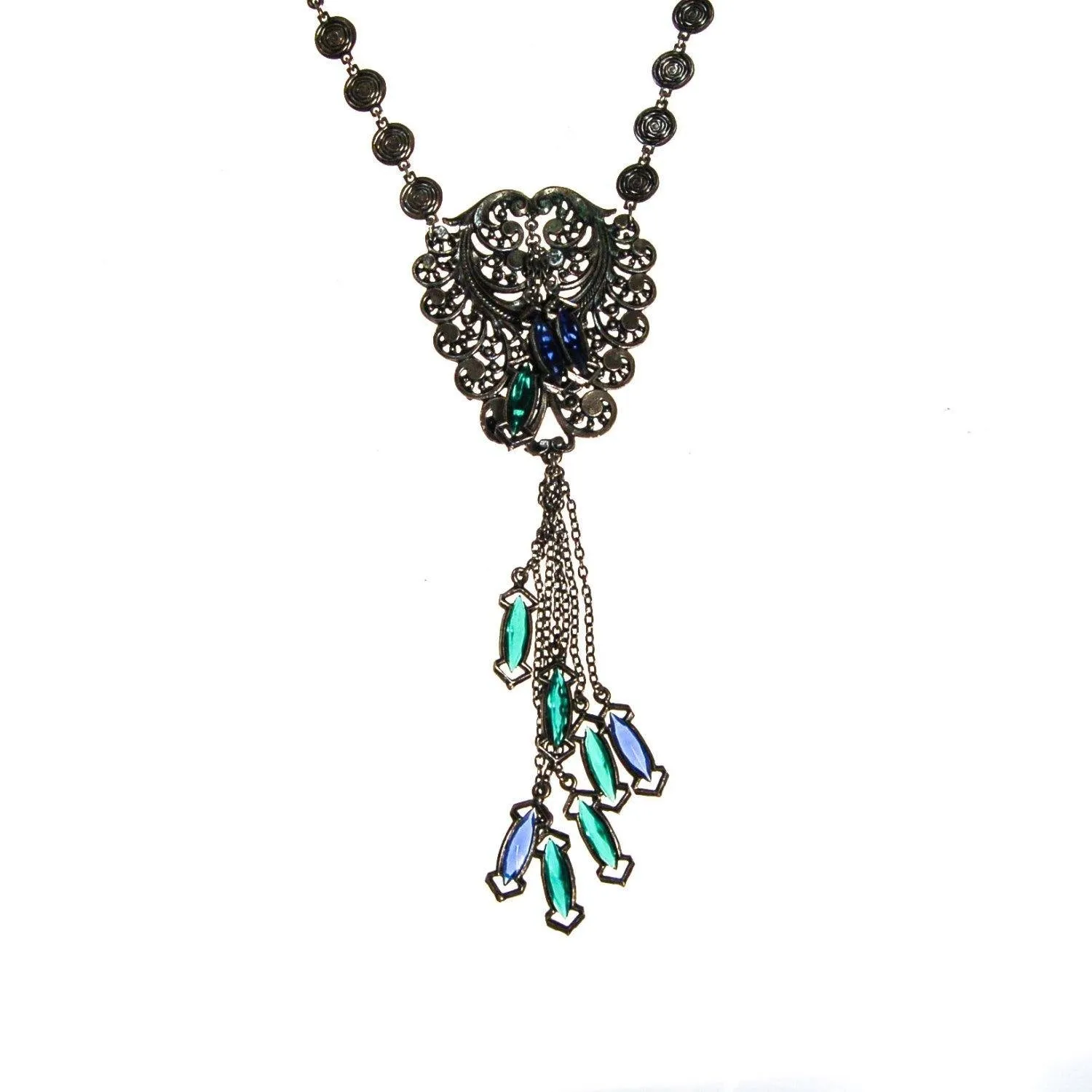 Victorian Gothic Statement Necklace with  Blue and Green Crystal Tassels