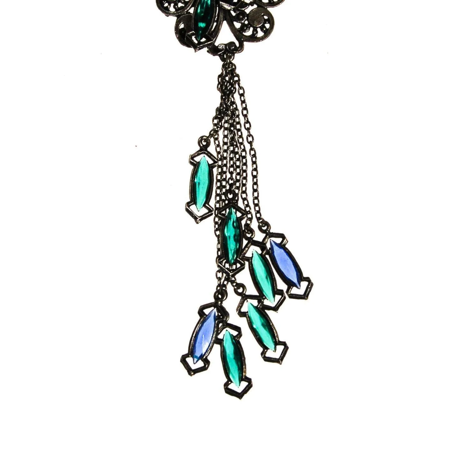 Victorian Gothic Statement Necklace with  Blue and Green Crystal Tassels