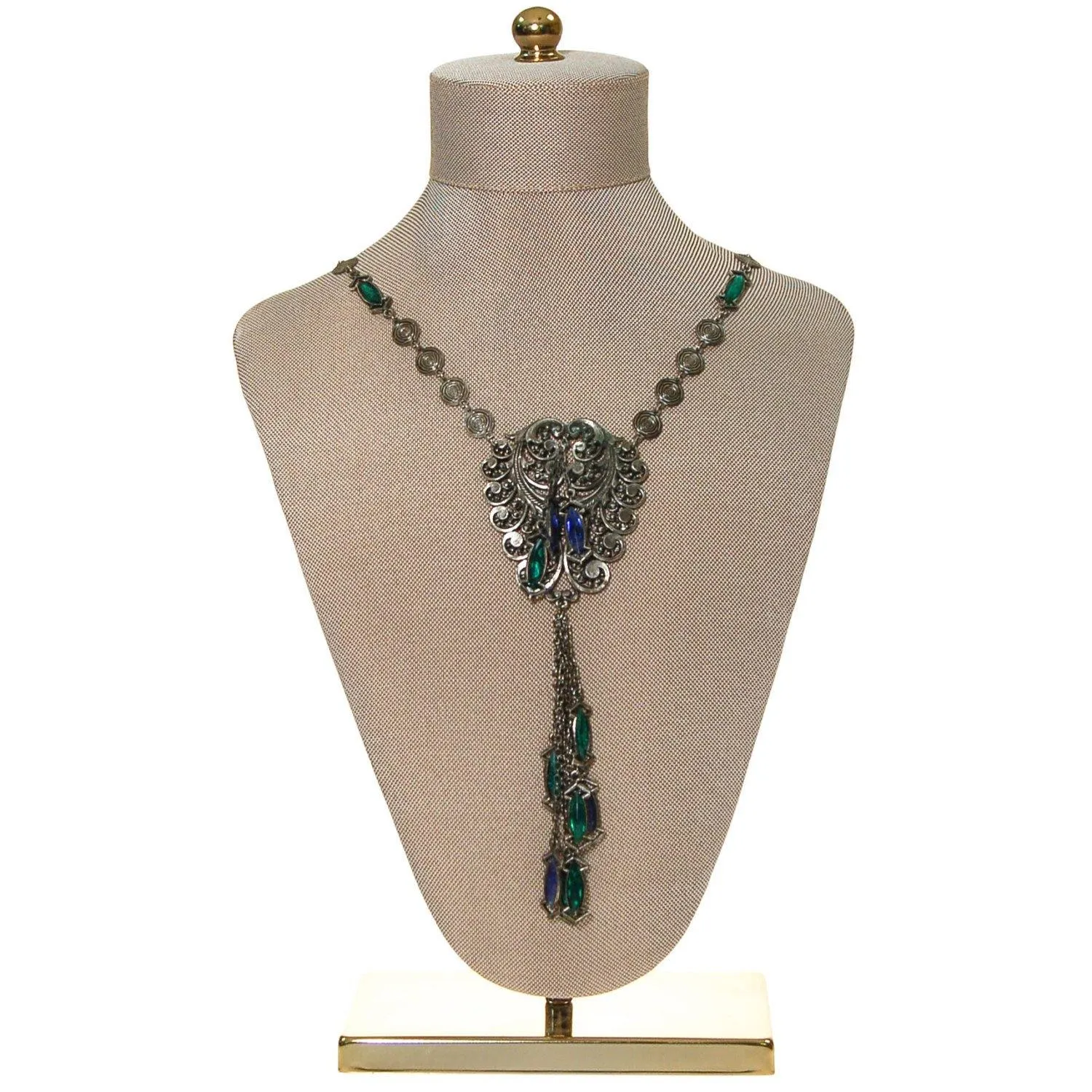 Victorian Gothic Statement Necklace with  Blue and Green Crystal Tassels