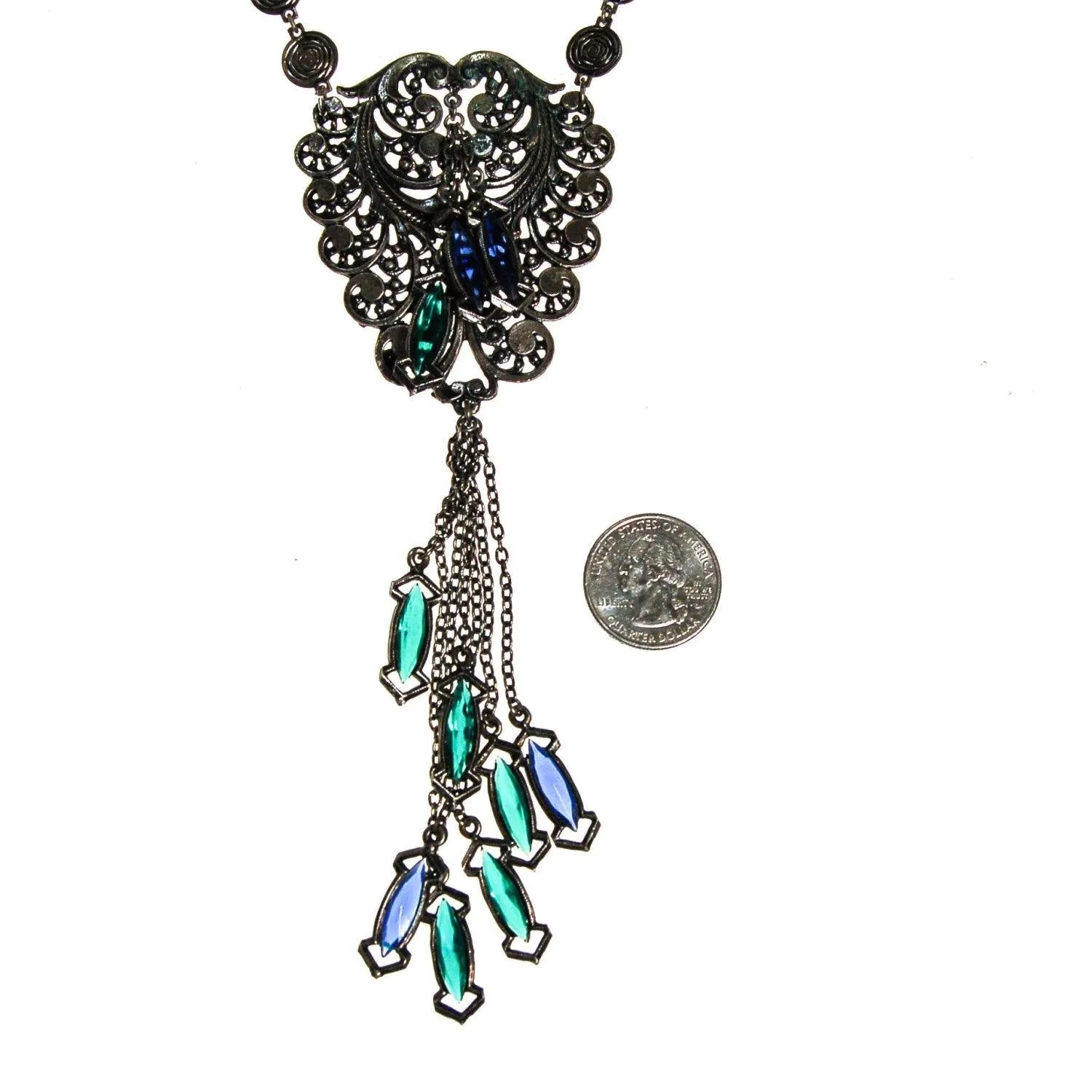 Victorian Gothic Statement Necklace with  Blue and Green Crystal Tassels