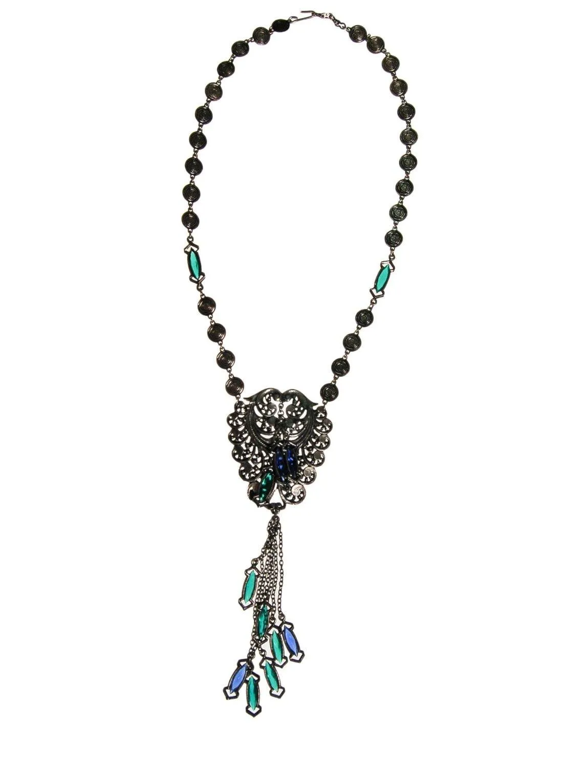 Victorian Gothic Statement Necklace with  Blue and Green Crystal Tassels