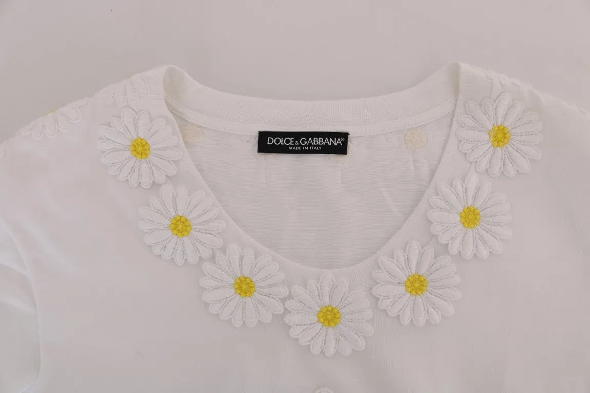 White Cotton Daisy Embroidered T-shirt