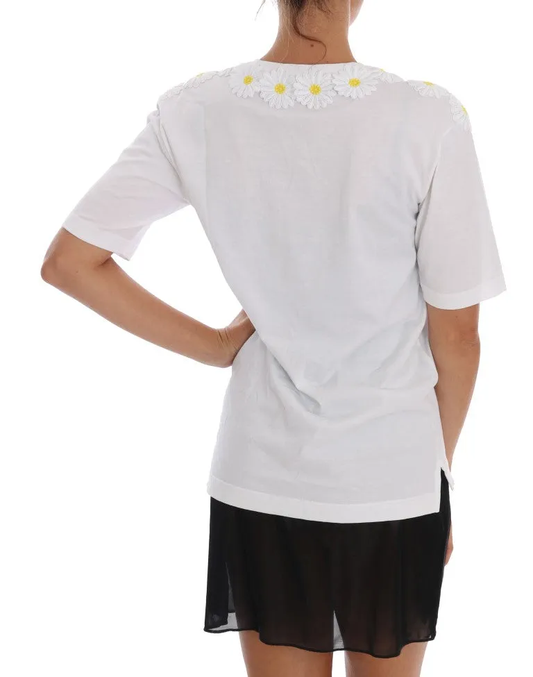 White Cotton Daisy Embroidered T-shirt