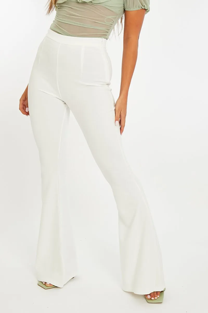 White High Waisted Side Zip Flare Trousers - Billie