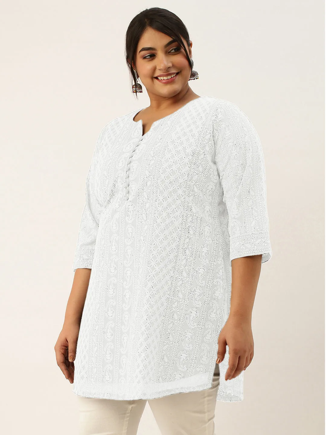 White Paisley Embroidered Georgette Lucknowi Chikankari Thigh Length Tunic For Women - ZOLA