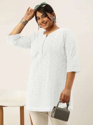 White Paisley Embroidered Georgette Lucknowi Chikankari Thigh Length Tunic For Women - ZOLA