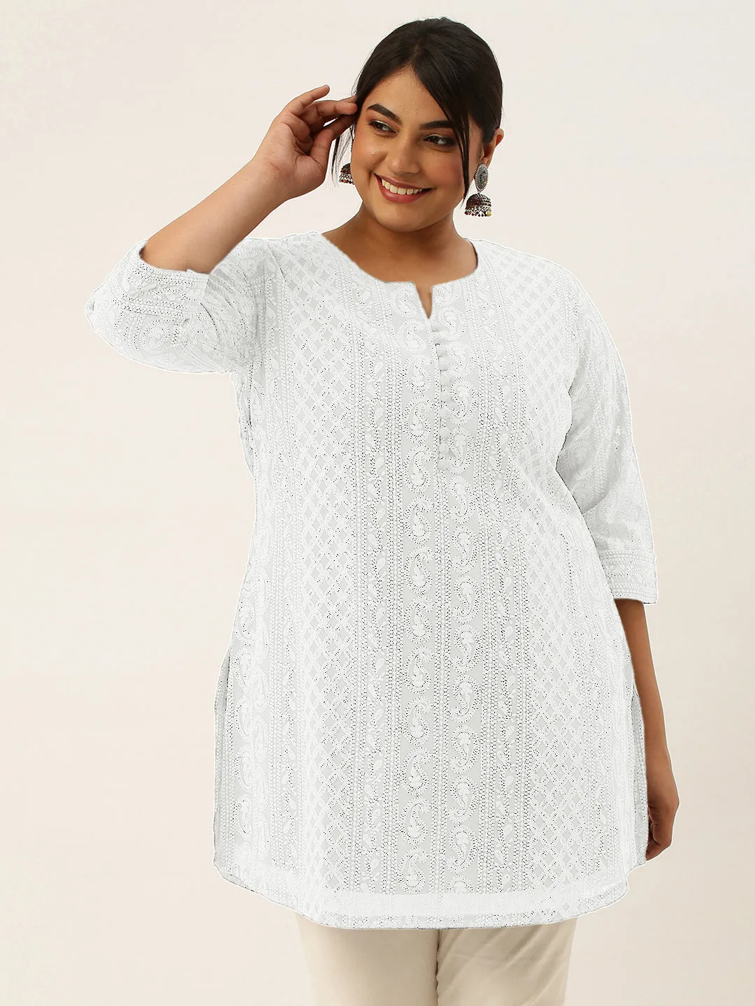 White Paisley Embroidered Georgette Lucknowi Chikankari Thigh Length Tunic For Women - ZOLA