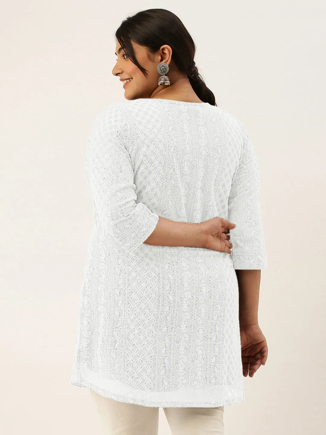White Paisley Embroidered Georgette Lucknowi Chikankari Thigh Length Tunic For Women - ZOLA