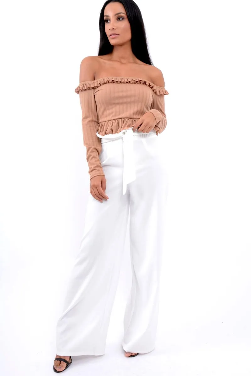 White Paper Bag Tie Waist Wide Leg Trousers - Kennedy