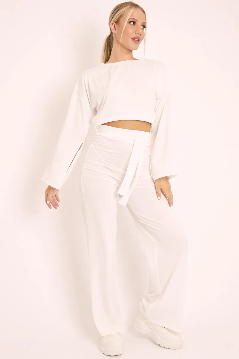 White Rib Crop Jumper Tie Wide Leg Trousers Loungewear Co-Ord - Mirabel