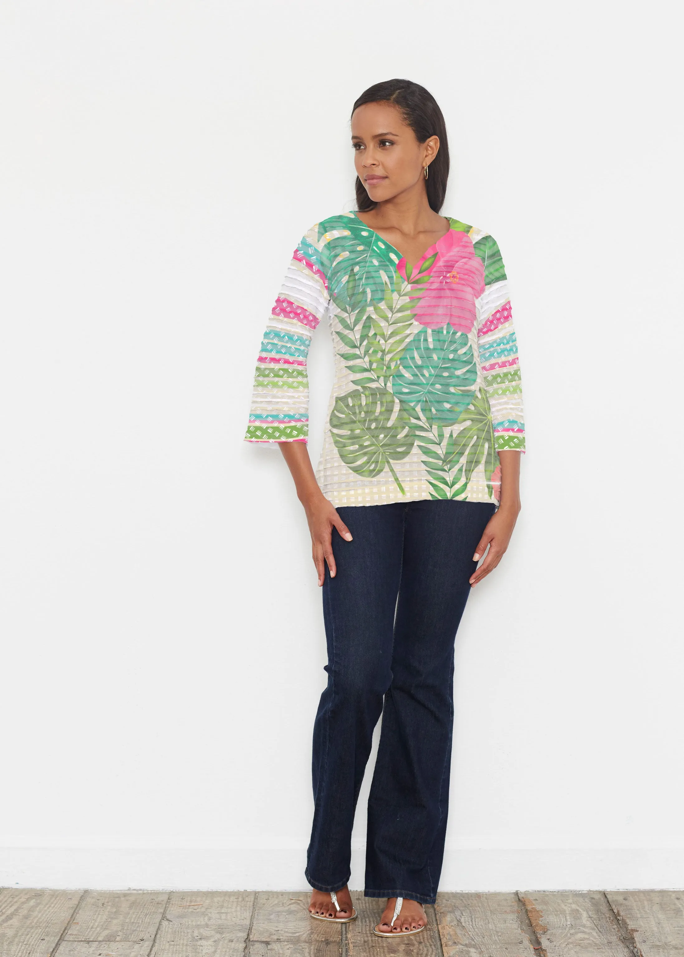 Wild Begonia (13489) ~ Banded 3/4 Bell-Sleeve V-Neck Tunic