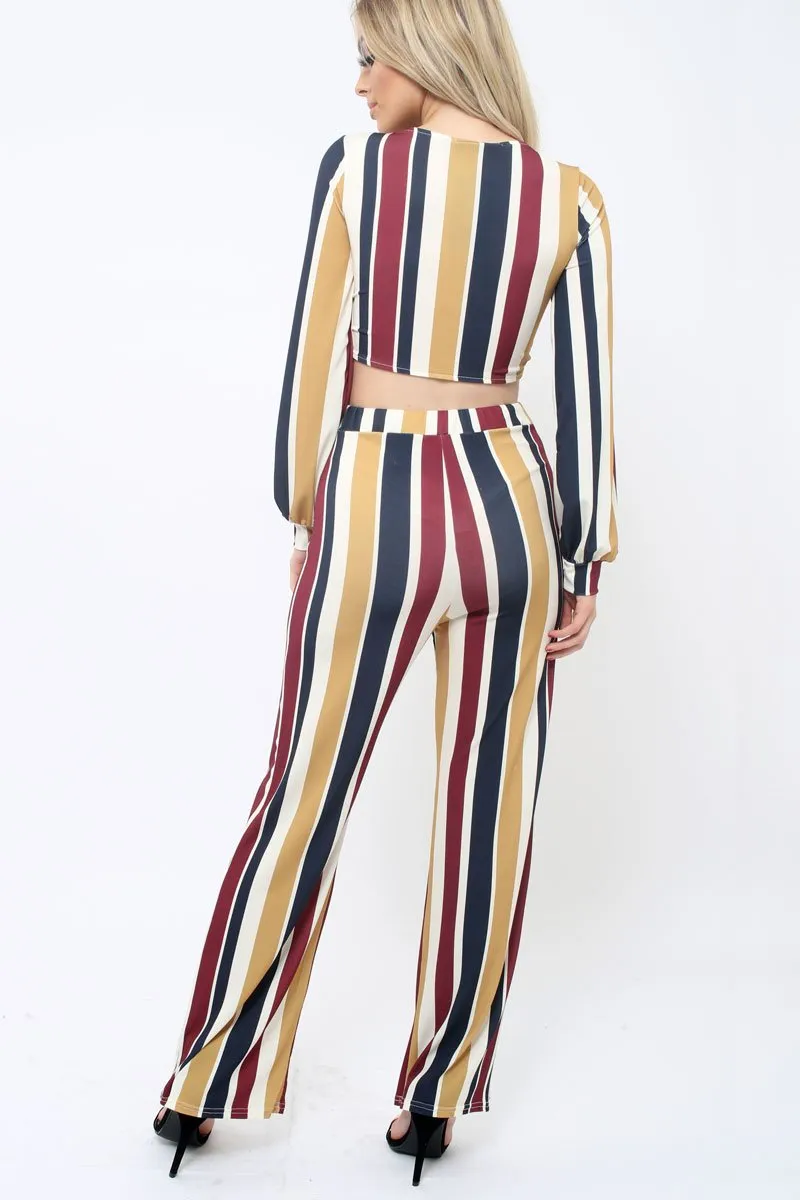 Wine Multi Stripe Wide Leg Trousers - Mitzy