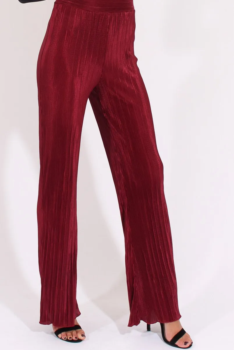 Wine Pleated Long High Waisted Trousers - Jojo