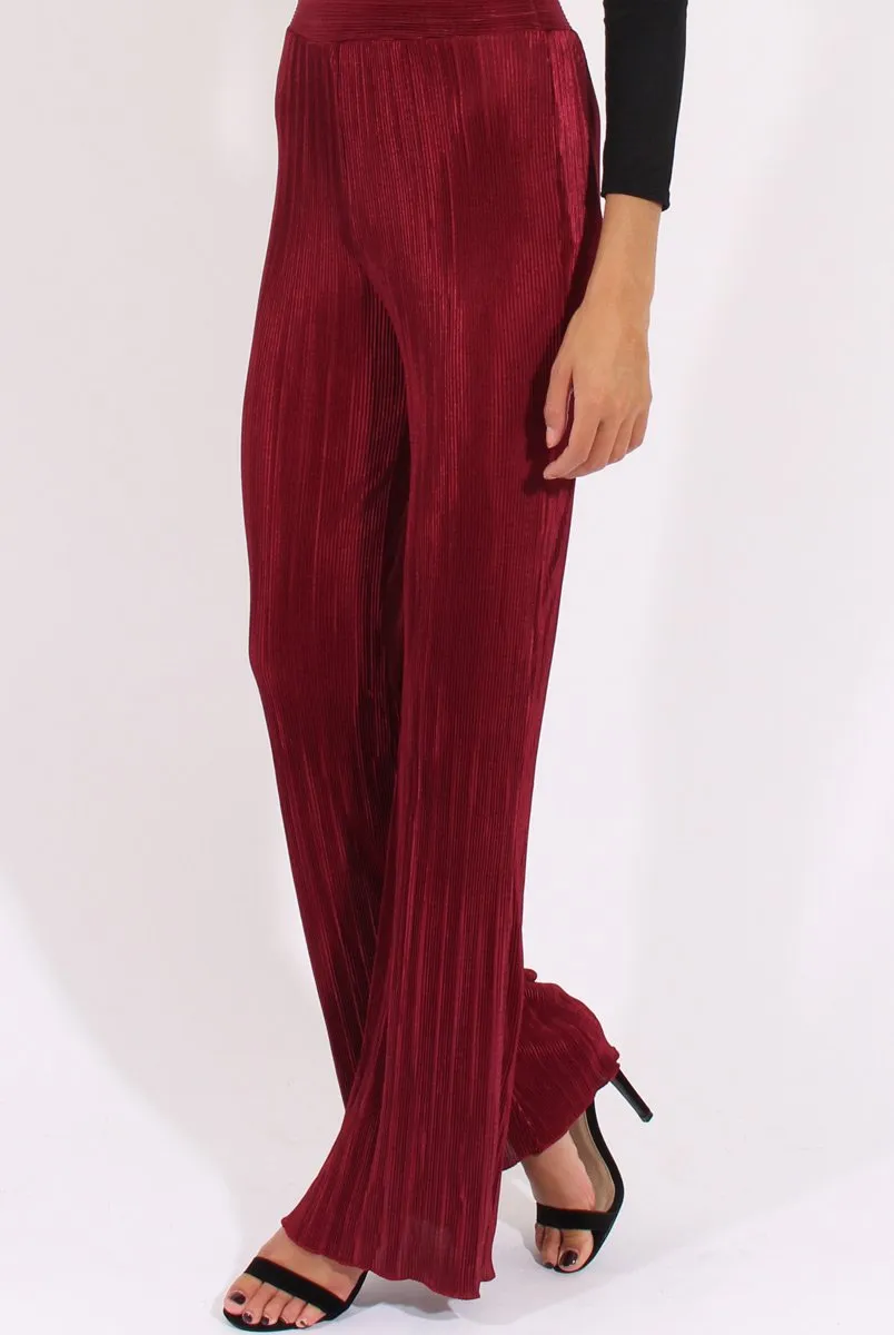 Wine Pleated Long High Waisted Trousers - Jojo