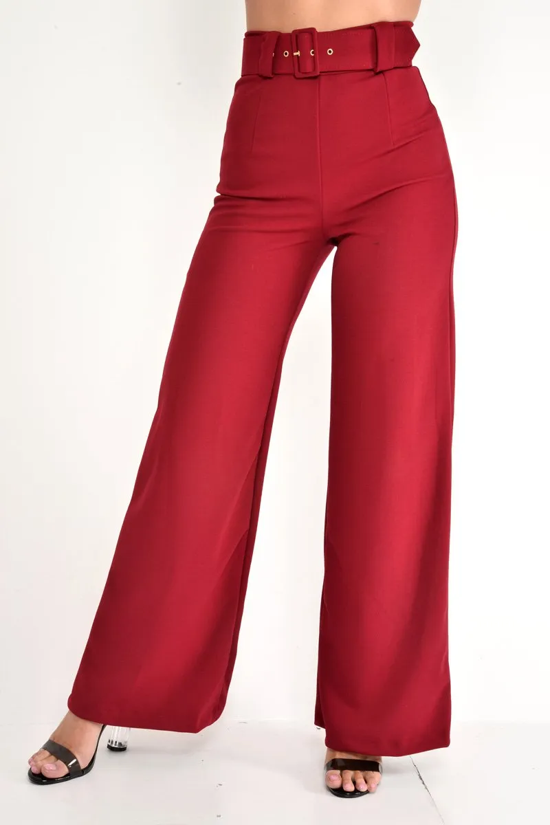 Wine Tailored Wide Leg Belted Trousers - Chenelle